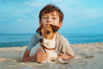 Un Jack Russell dans les bras d'un petit garçon sur la plage